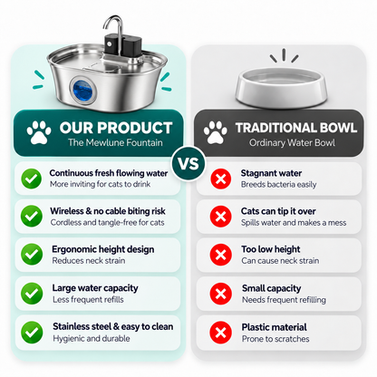 Mewlune fountain compared with a traditional water bowl